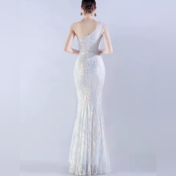 Opalescent,  Assymmetrical Neck,  Ostrich Feathers, Beaded, Geo ,Sequined Gown - Picture 5 of 15